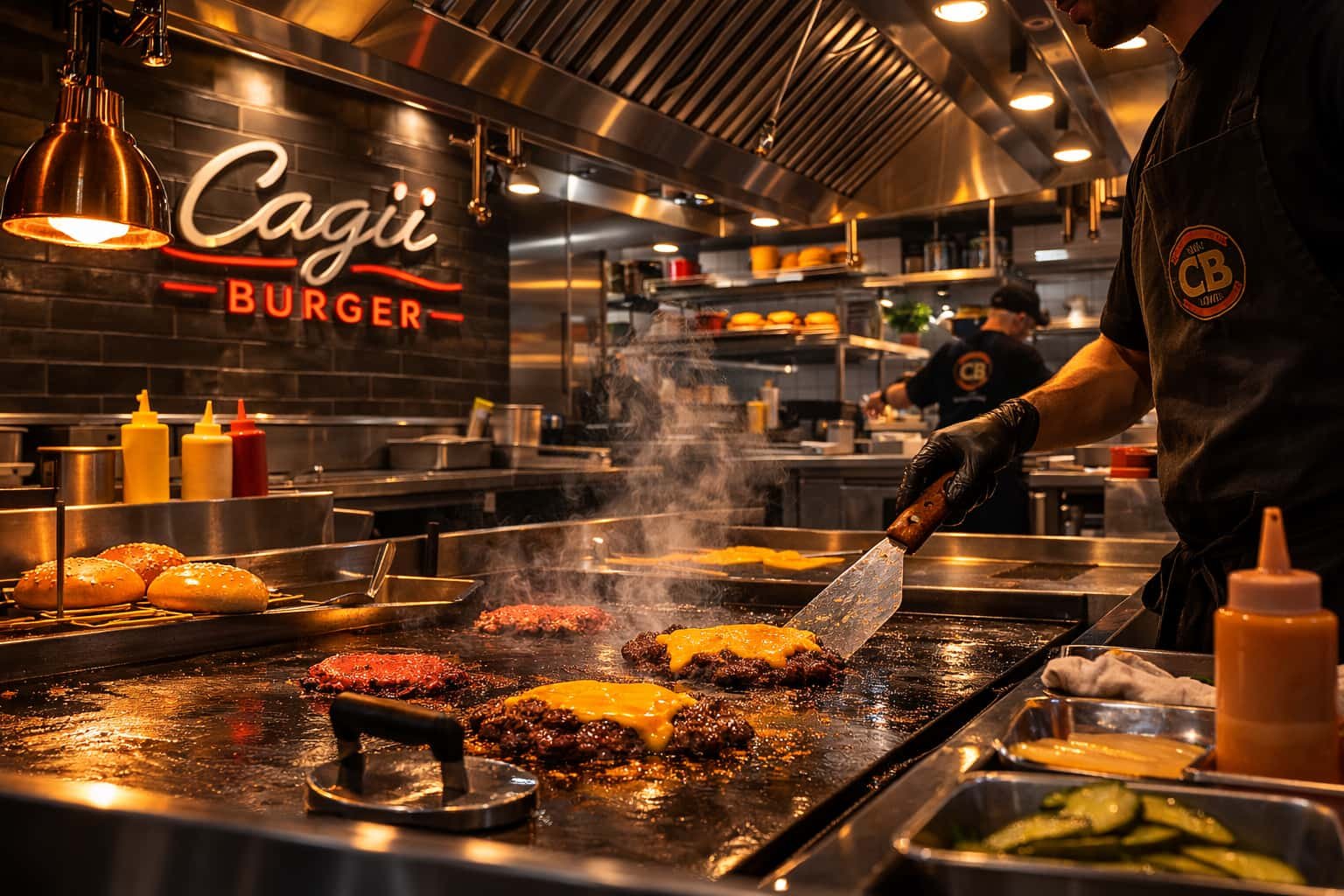 Burger patties searing on a flaming grill