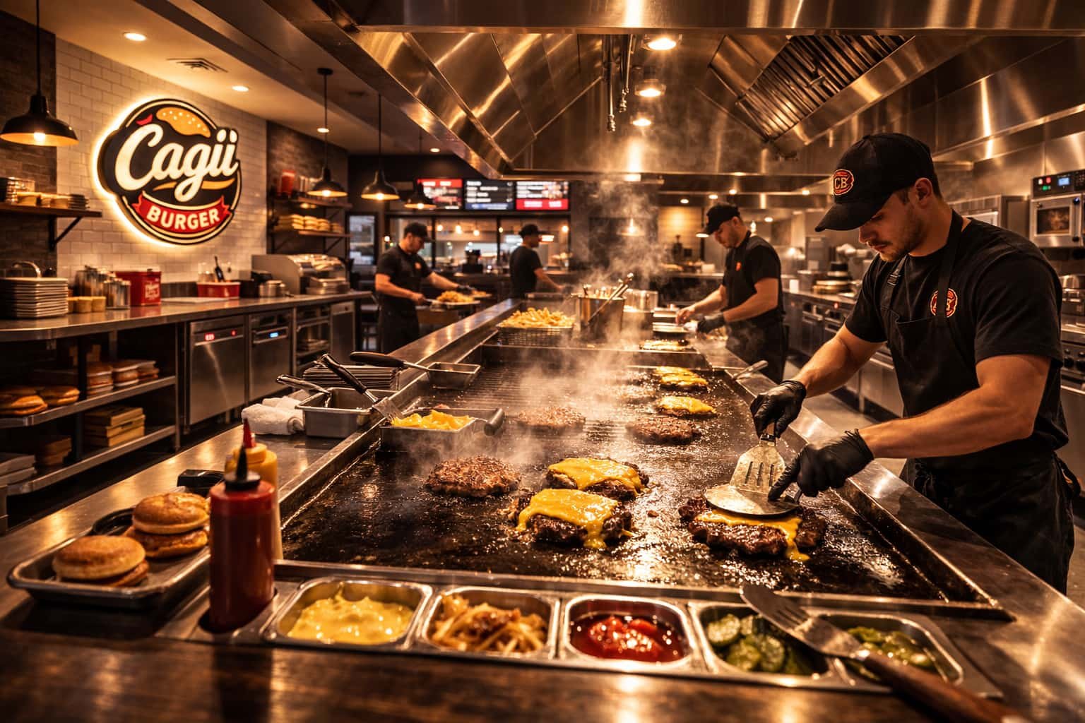 Kitchen team preparing food together